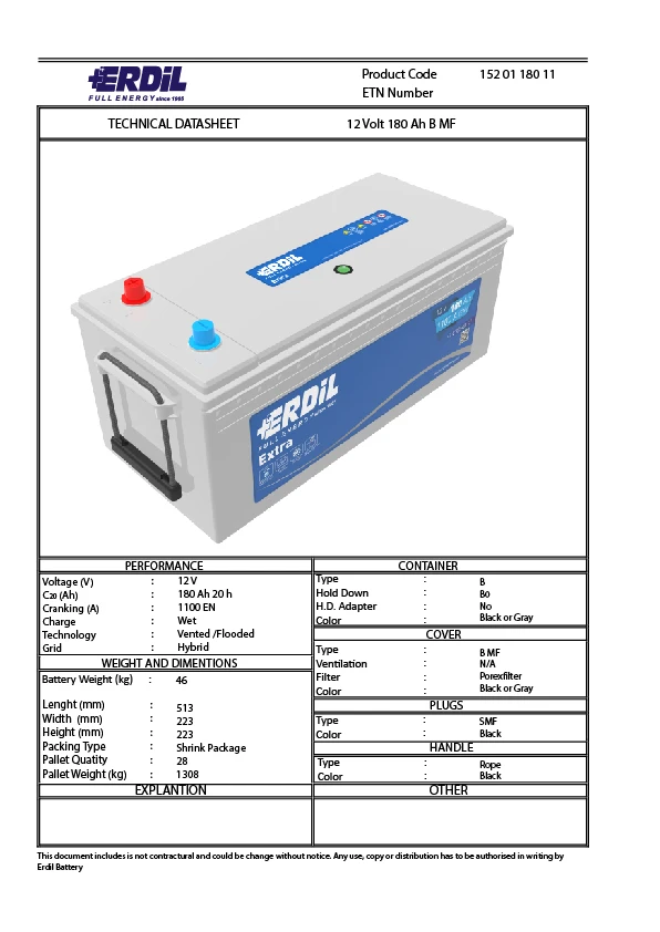 12 V 180 Ah Heavy Duty MF Maintenance Free Truck Battery