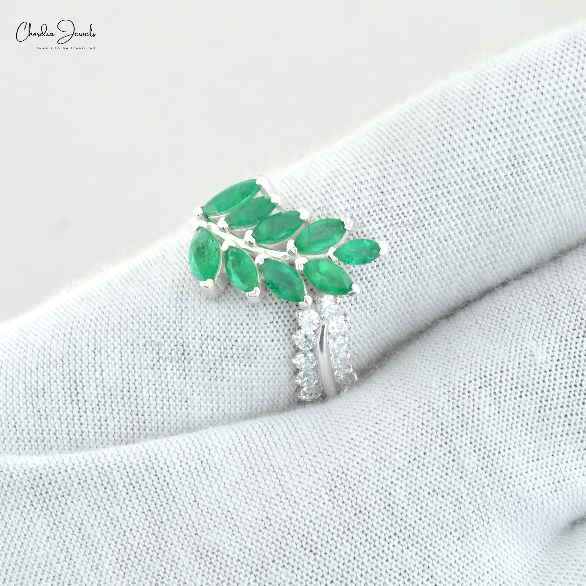 High Quality Emerald Zircon Rhodium Plated Bypass Leaf Ring 925 Sterling Silver Rings for Women Fashion Jewels