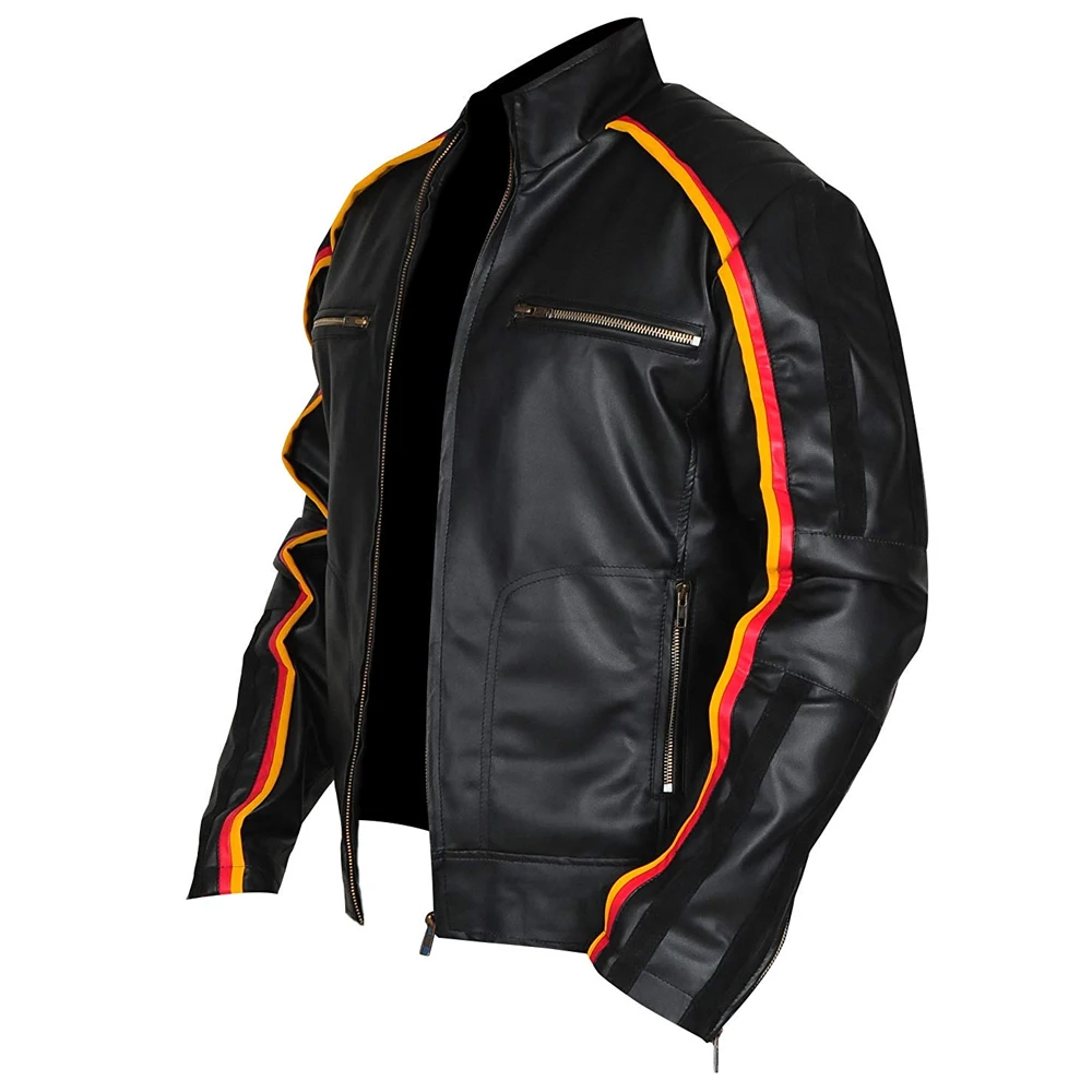 Men slim fit fashion contrast color casual real leather jacket