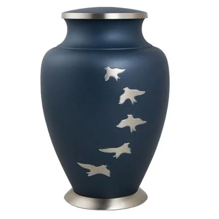 Dark blue & black color aluminium metal cremation small size  engraved flower climbing funeral urns  designs for keepsake ashes