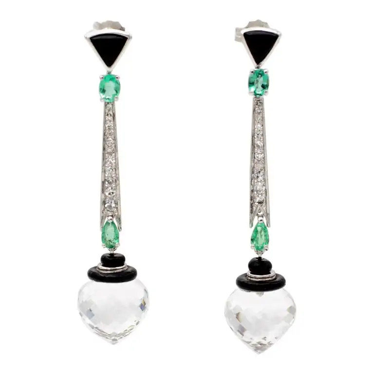 
Platinum, White Diamonds, Emeralds, Onyx, Rock Crystal Drop Earrings 