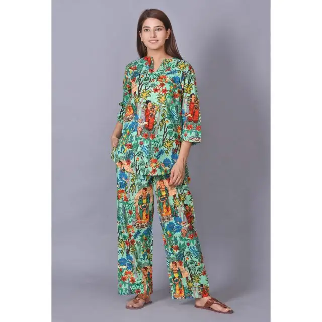 100%Cotton Floral Printed Night Wear Dress Hand Block Printed Indian Woman All Size Pajama Robe Set