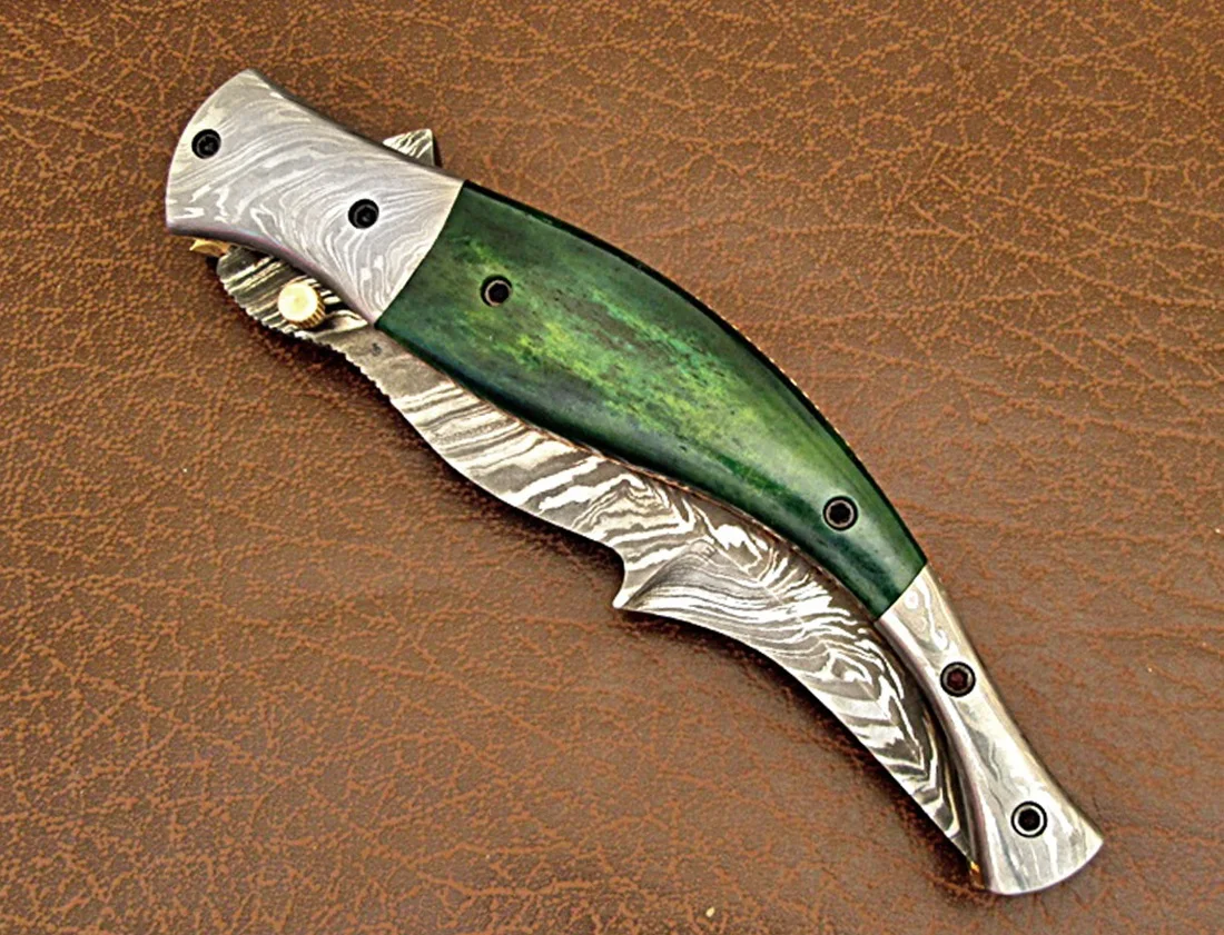Damascus Steel Outdoor Survival Hunting Folding Knife Multi-Tool Camping Knives Titanium Blade Bone Laser OEM Wholesale Prices