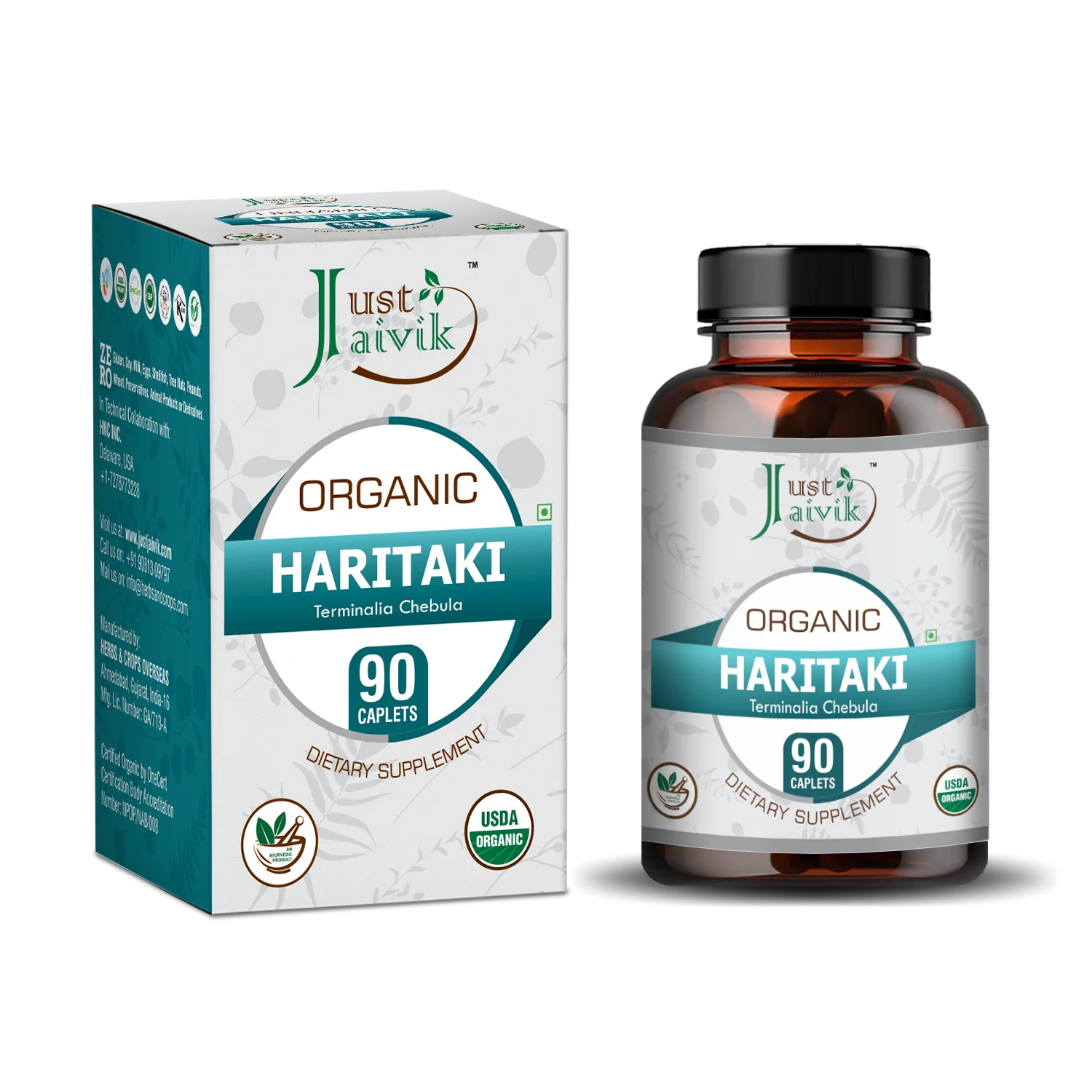 Just Jaivik Organic Haritaki Caplets (Terminalia Chebula) - 750mg, 90counts