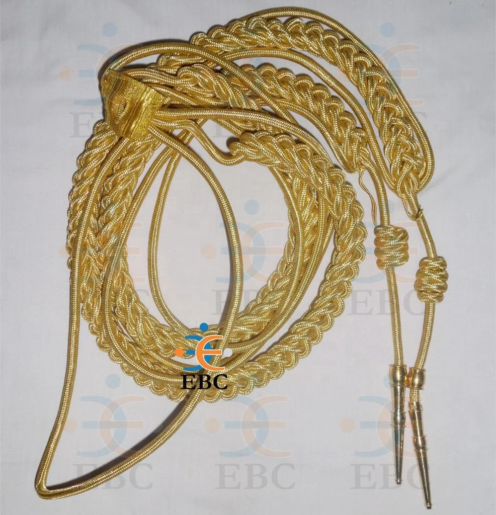 OEM Chocolate Brown Silk Aiguillette Cord with Gold Metal Tips Custom French Wire Lanyards Ceremonial Uniform Shoulder Cords