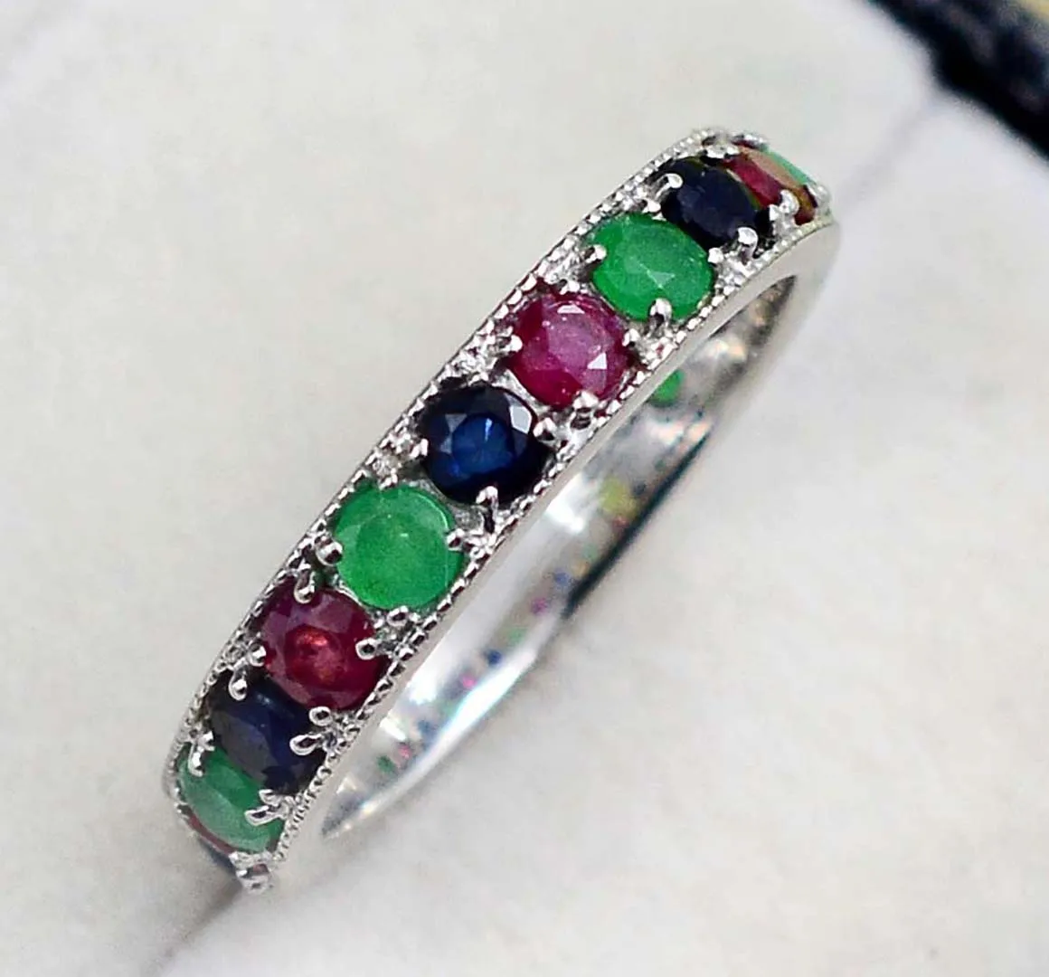 Top Quality Natural 3 MM Round Ruby Emerald Sapphire Multi Gemstone 925 Sterling Silver Women Designer Ring By Indian Exporter