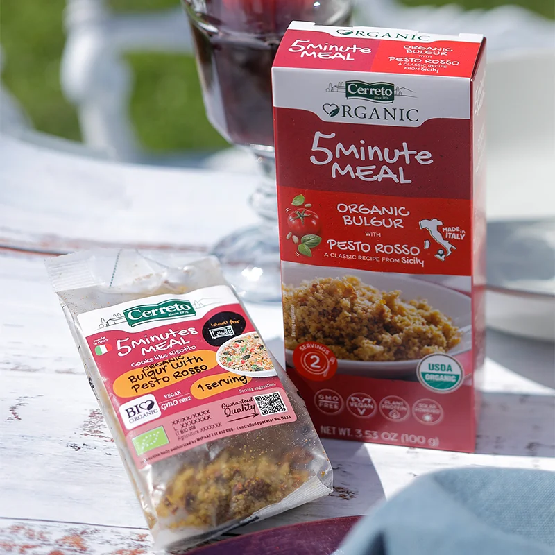 Top Italian Quality Organic Ready to cook 5 minutes meal Bulgur Pesto Rosso taste in microwave 100g