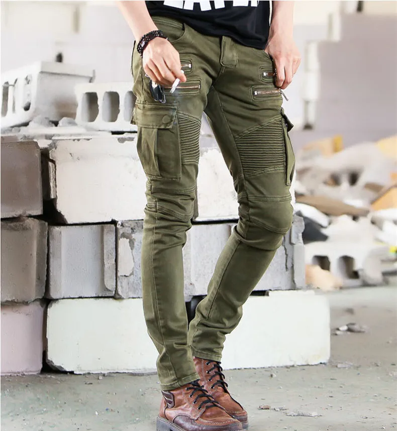 Male jeans trouser hip hop streetwear oem custom distressed skinny denim mens army green biker jeans men with zipper