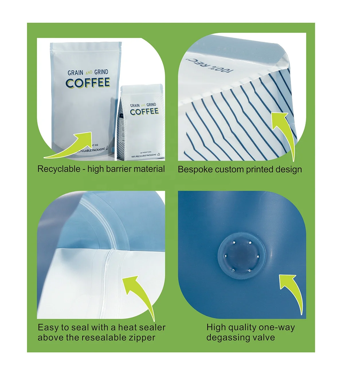 Custom printed kraft empty flat bottom coffee bean tea packaging bags with valve zipper and window