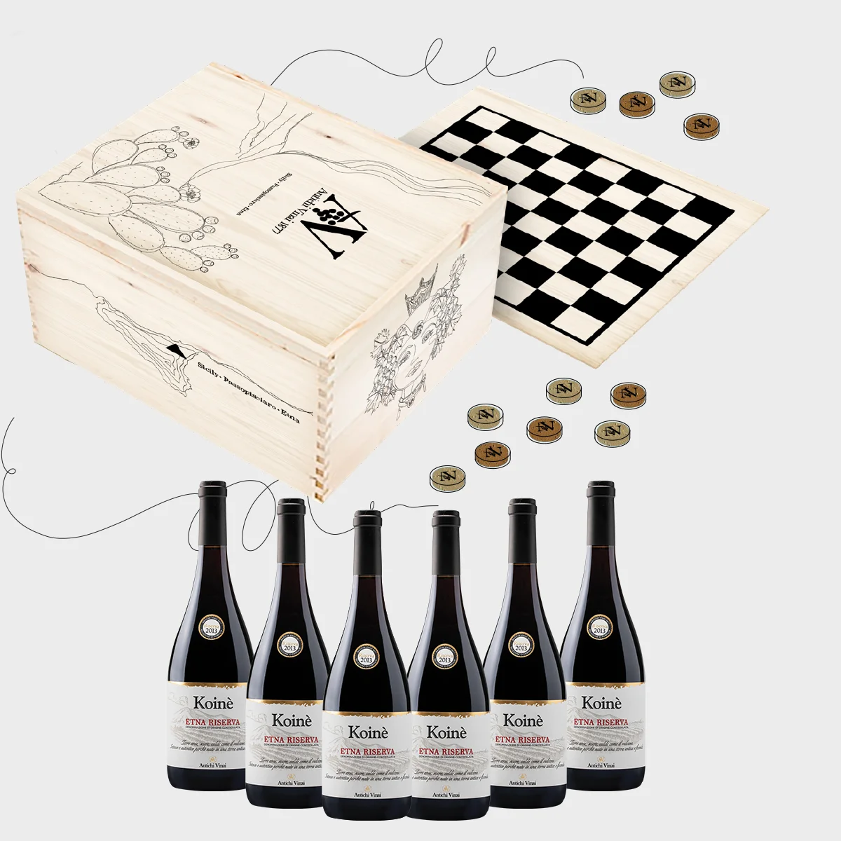 (On demand) Prestige Chequers Wooden 6-bottle pack of Etna DOC Riserva wine Sicily with 24 personalised cork counters
