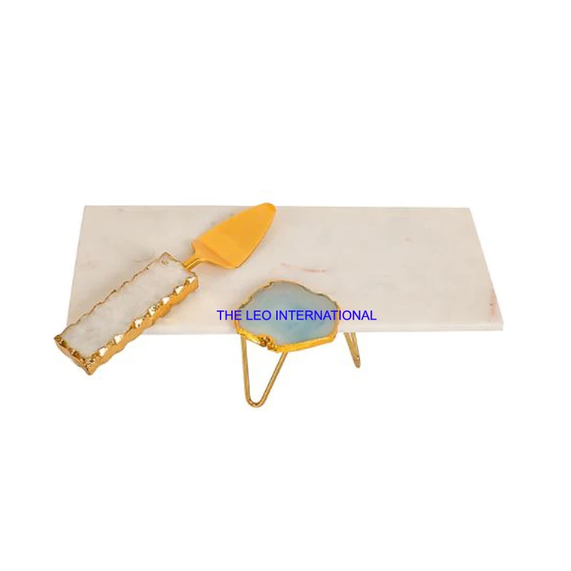 Aluminum metal silver plated rice hammered square shape natural agate stone handle 12X10X1 Inch tableware dinning decoration