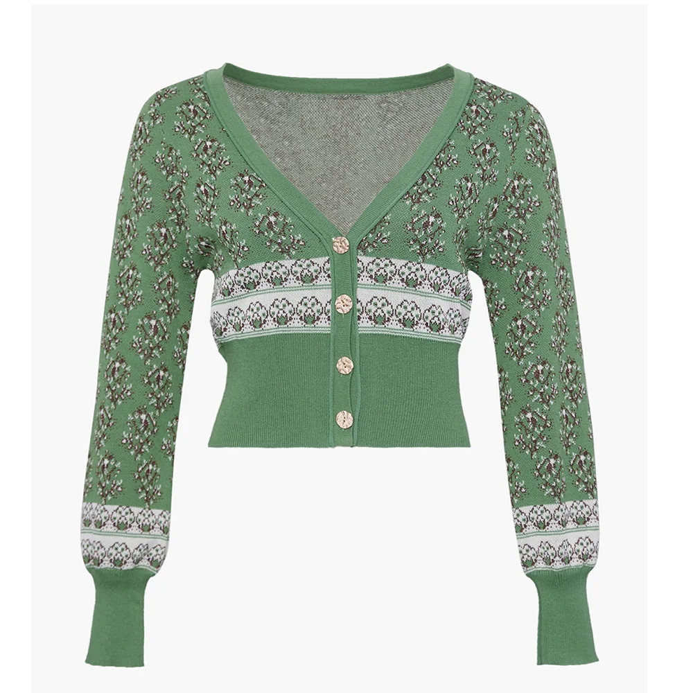 
Viscose Yarn Long Sleeve Knitted Cardigan Floral Jacquard Pattern Knitted Cardigan 