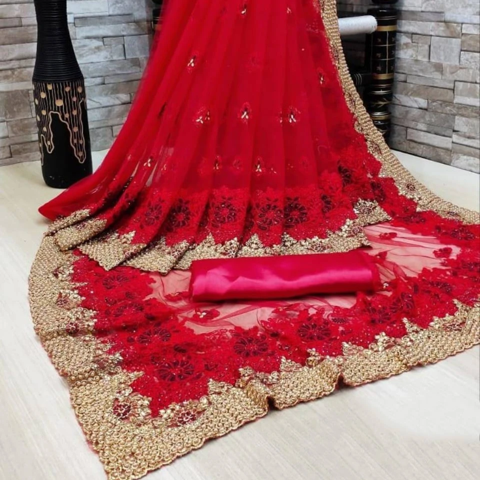 Самая трендовая и Дизайнерская одежда для вечеринки, тяжелые сетчатые сари с блузкой, индийская Женская одежда, сари, Лучшая цена, оптовая продажа, сурат