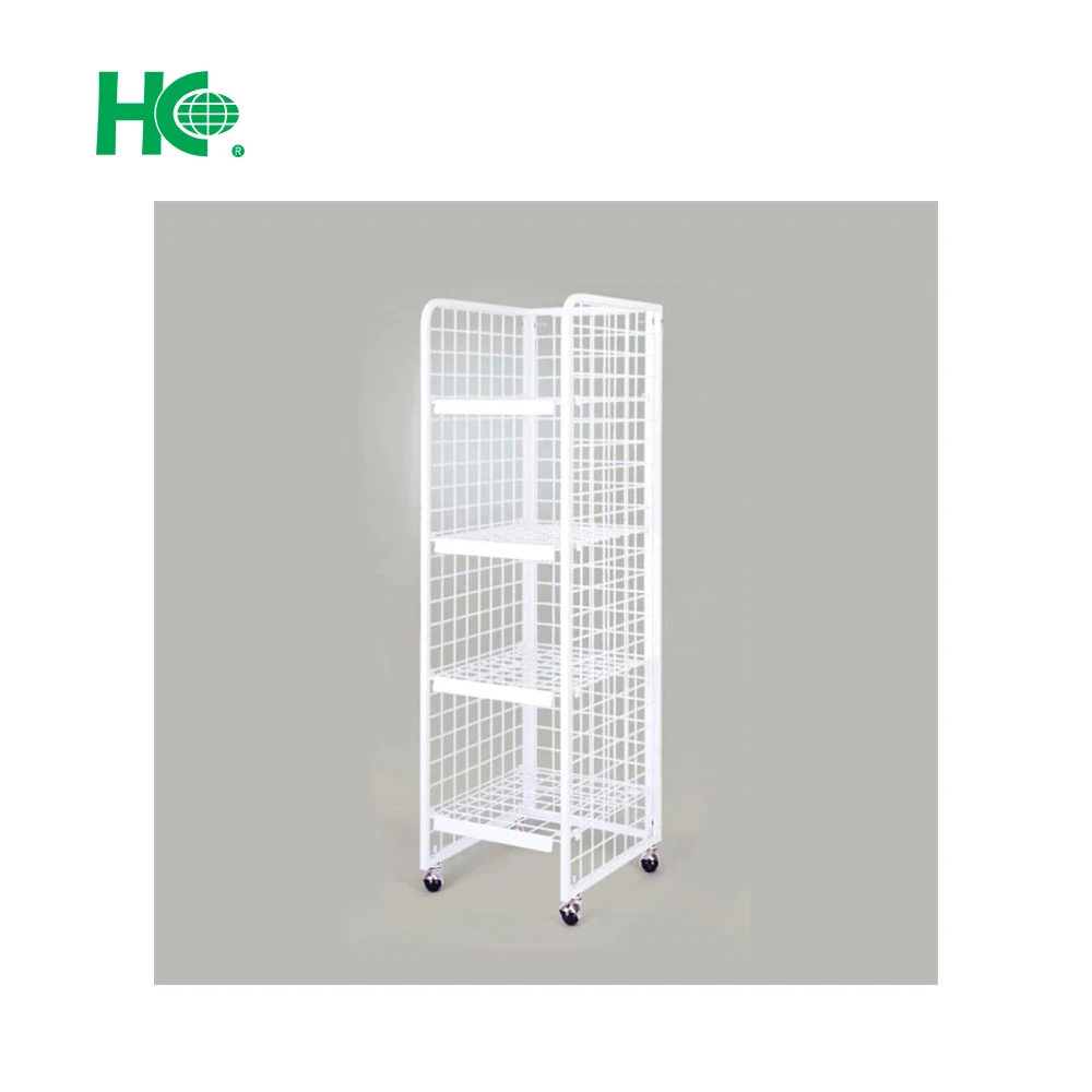 White metal newspaper display rack with casters