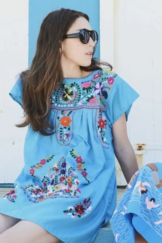 Floral Embroidery Tunic Top - Summer Fashion White embroidery Top -Vintage Style Mexican embroidery Dress - Boho Fashion