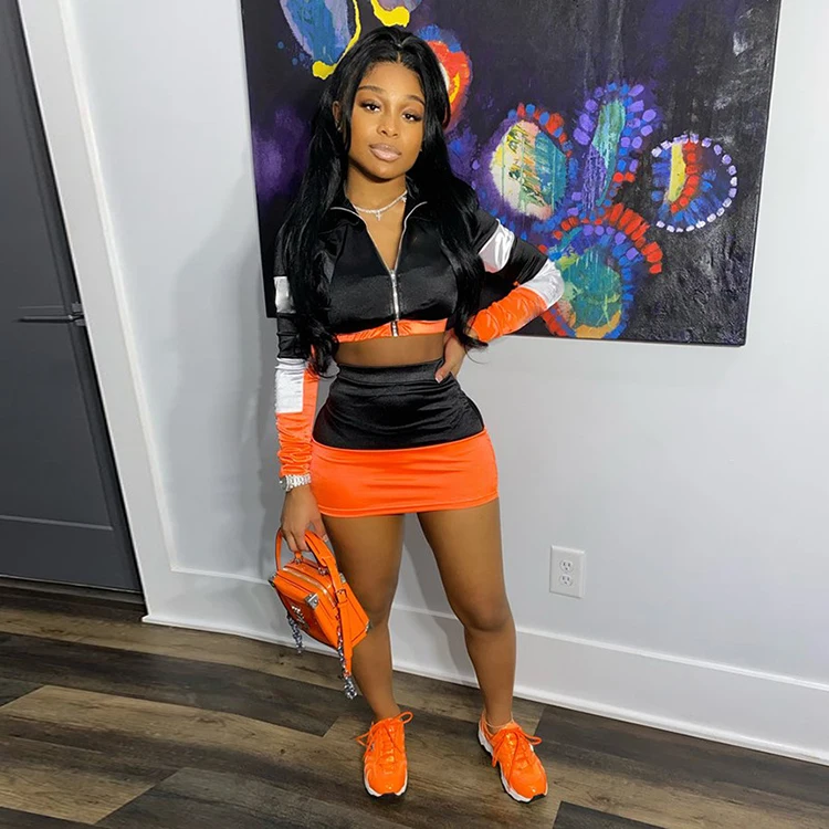 
Womens Spring Outfits 2021 Matching Color Block Crop Top Two Piece Skirt Set Women Clothing 