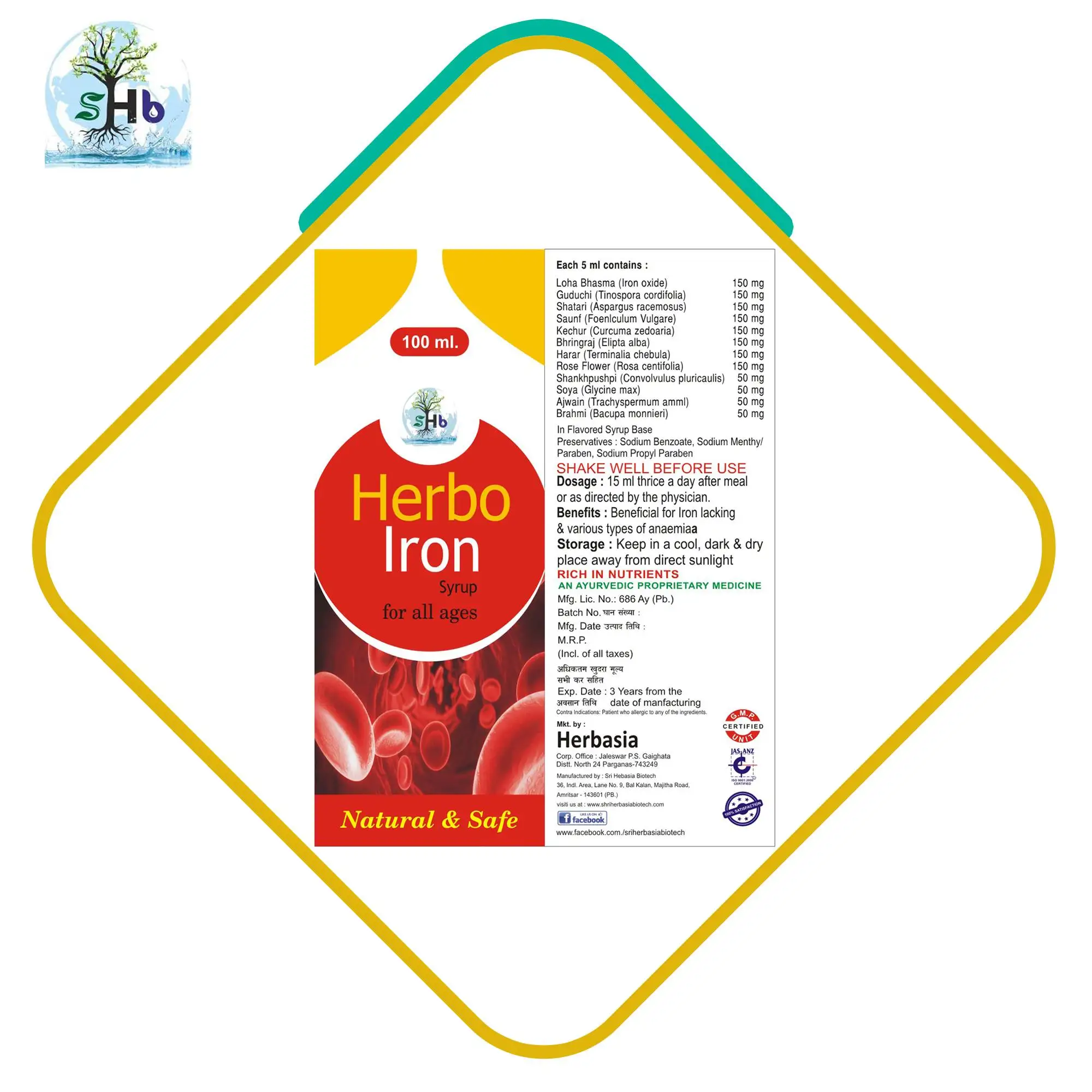 Herbo Iron Syrup Drug for Increase Hemoglobin Syrup 3 Year 10000 Antioxidants,stabilizers
