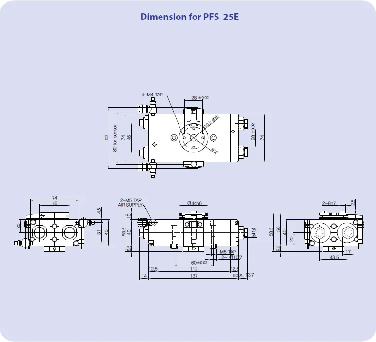 Плоский Поворотный Блок (2p) PFS 25E крутящий момент при 6 бар (N) 3 Нм страница 23-24 пневматический материал AL (с твердым покрытием)