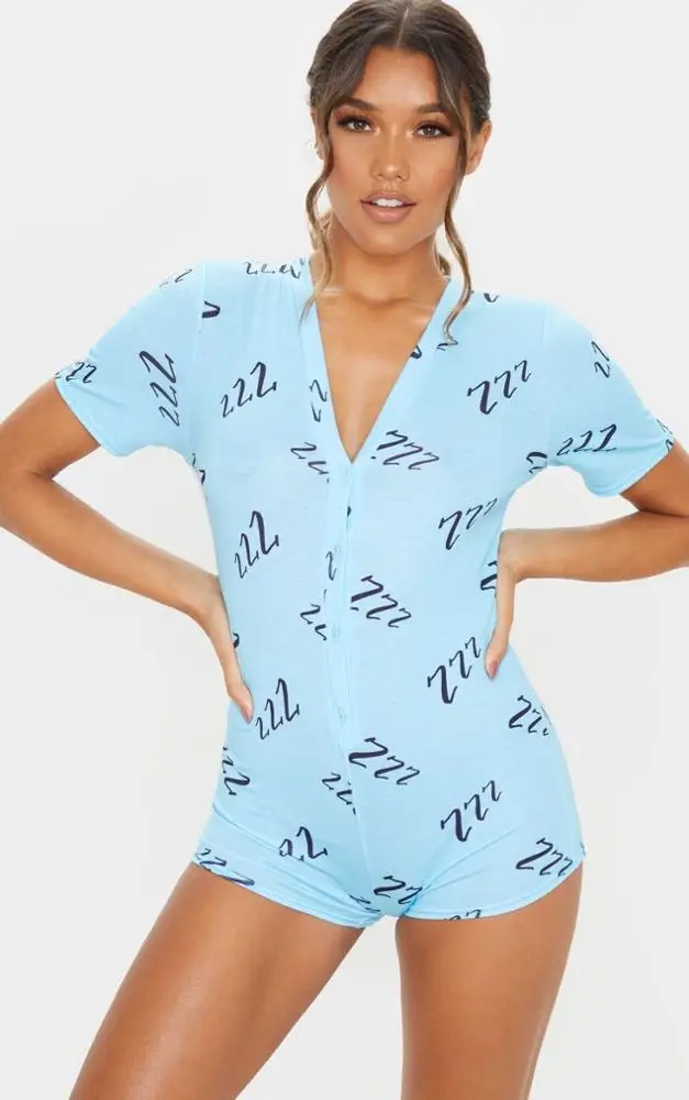 
MGOO OEM Blue Short Sleeve Sexy Adult Onesie Letter Printing Pajama Set Romper for Women 