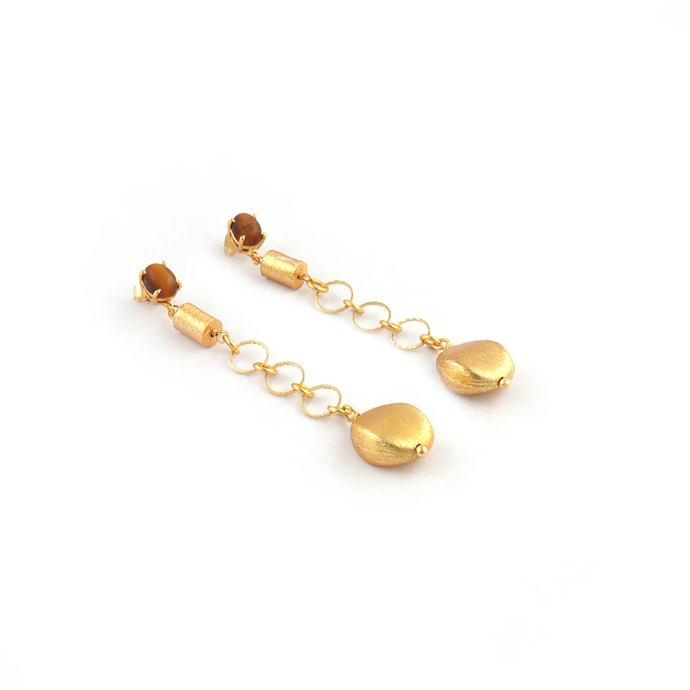Tiger Eye And Wood Gemstones Stud Earring Oval Shape Stone Prong Setting Stud Earring Gold Plated Jewellery, Mode Joyas, E-1019.