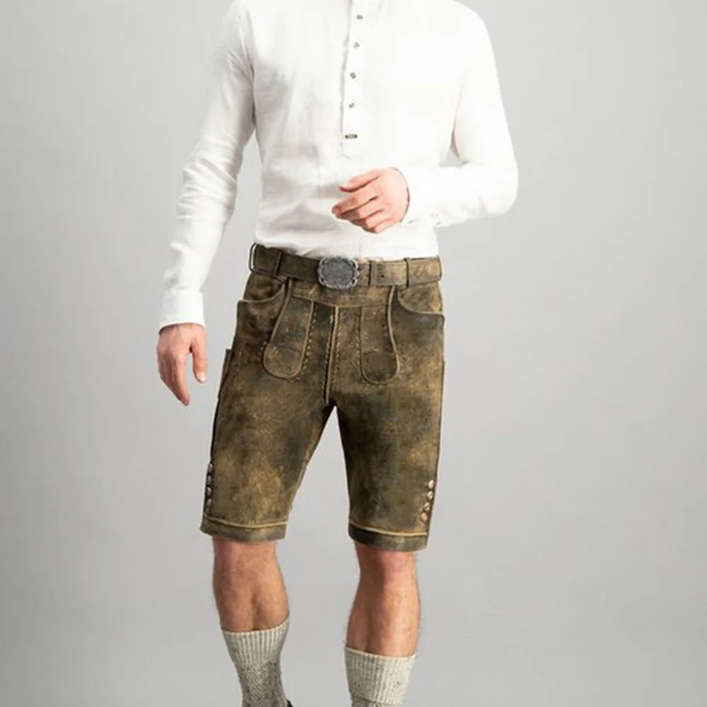 Premium Design Lederhosen Shorts Brown Color Plain Brown Bavarian Short Pants Elastic Waist Slim Fit Deer Leather Shorts