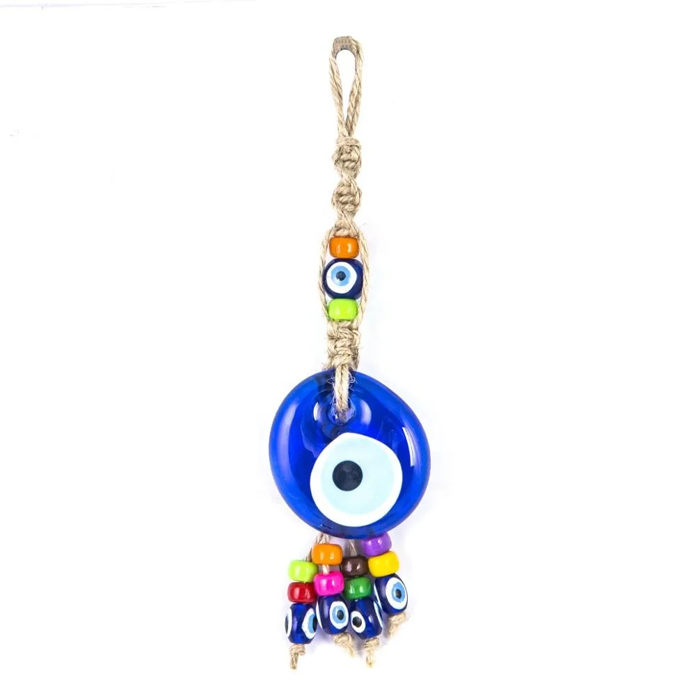 Wicker Weave Tasseled Glass Evil Eye and Small Plastic Evil Eye Beaded Wall Hanging Ornament