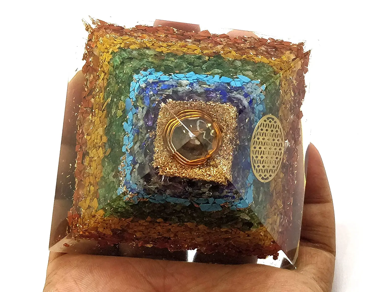 Handmade Geometric Pyramid Made with Seven Chakra Crystal 7 Chakras Copper Dust Orgonite Pyramid