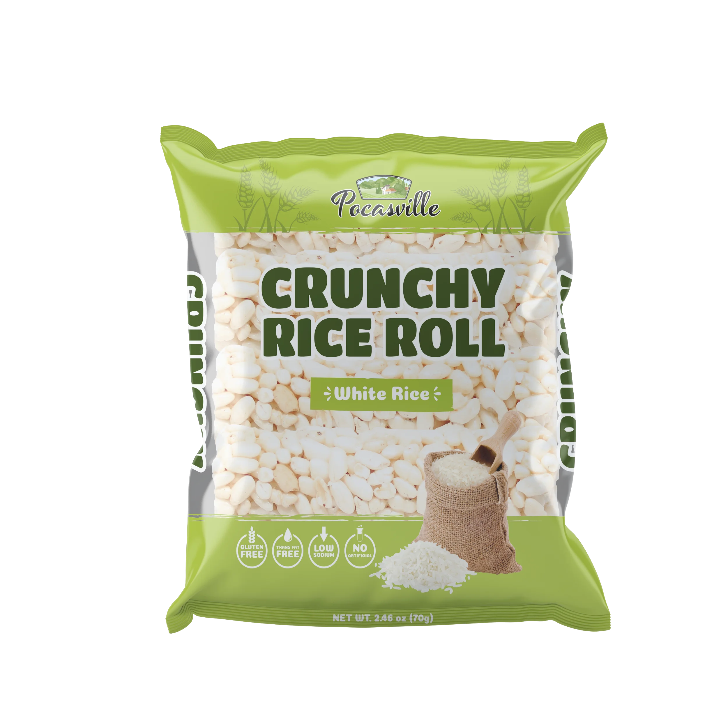 
Pocasville Crunchy Rice Rolls 2.4 oz / 12 Bags tastes Sweet & Salty with White Rice, Sugar, and Water. 