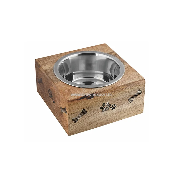 Classic Wood and Stainless Steel Pet Feeder Indian Dog Bowl Pet Bowl Wooden Feeder Dog Food Bowl Feeding Cup wooden dog Feeder