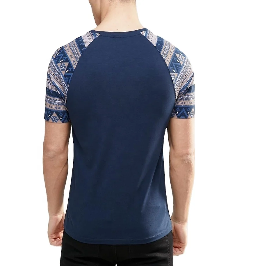 Latest Men Pure cotton t-shirts with Aztec printed raglan sleeves and pocket fancy cute crew Soft clothing manufactured in INDIA