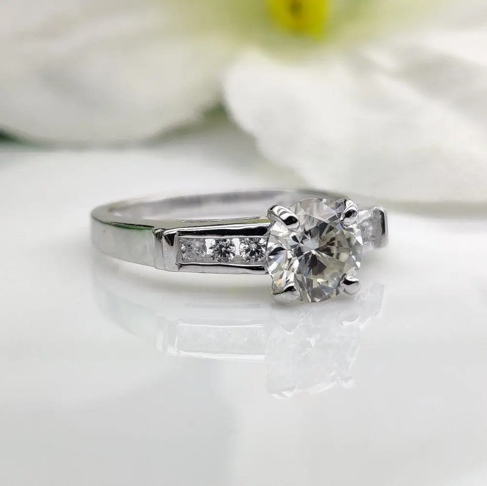 100% Genuine Round Brilliant Cut DEF Moissanite Diamond Solitaire With Accents Engagement Ring in 14k Solid White Gold By Ritzin