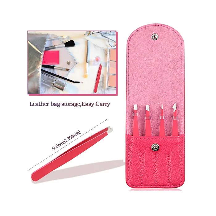 Tweezers Set 4-piece Stainless Steel Red color  Tweezers for Eyebrows Facial Hair Ingrown Hair Eyebrow Tweezers Set