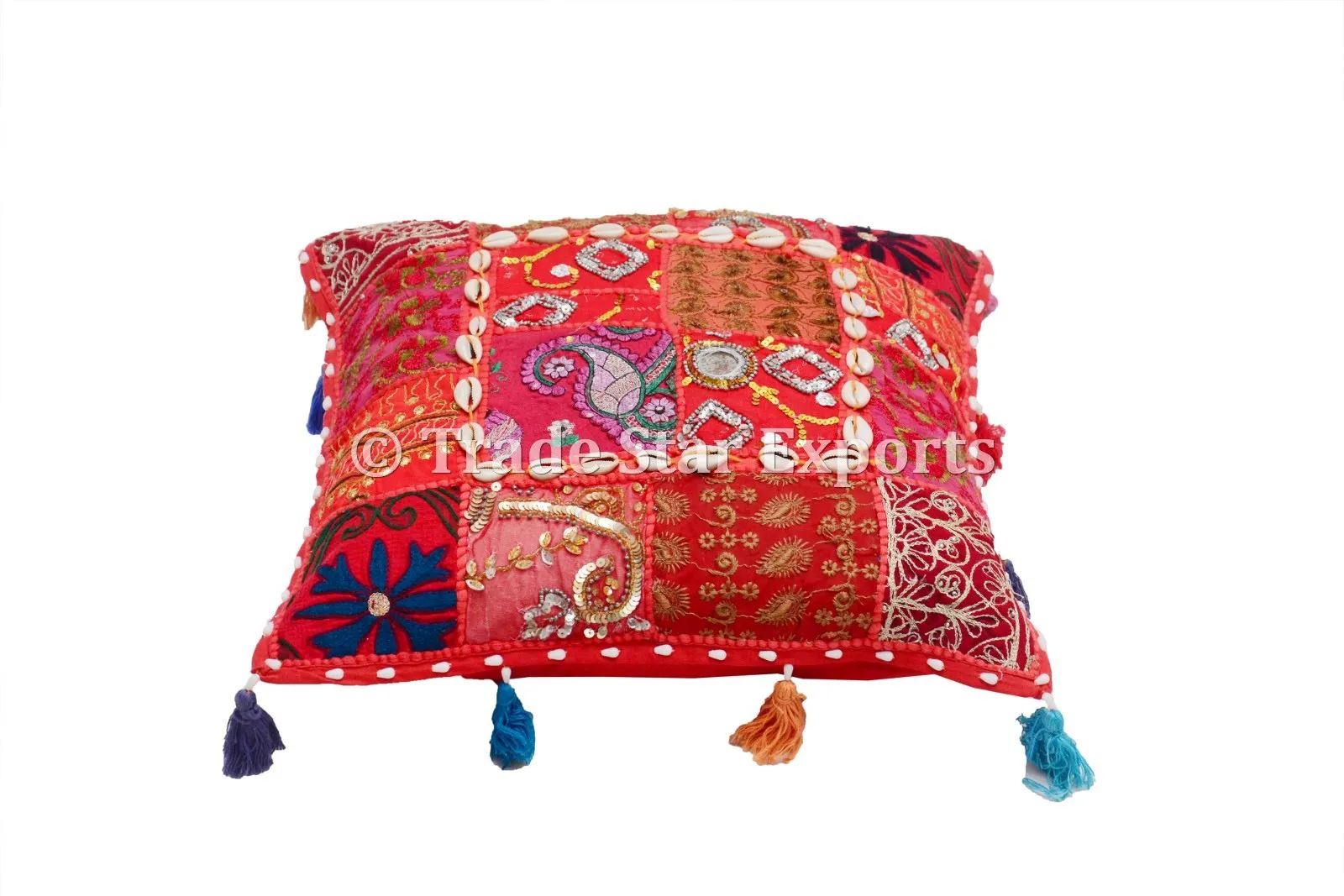 Indian Handmade Pillow Cover Vintage Patchwork Cushion Cover Traditional Pillow Case Tasseled Embroidered Cushion Cover