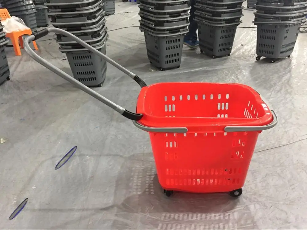 MOQ 50L Supermarket rolling basket with 4 wheels, shopping basket, plastic basket