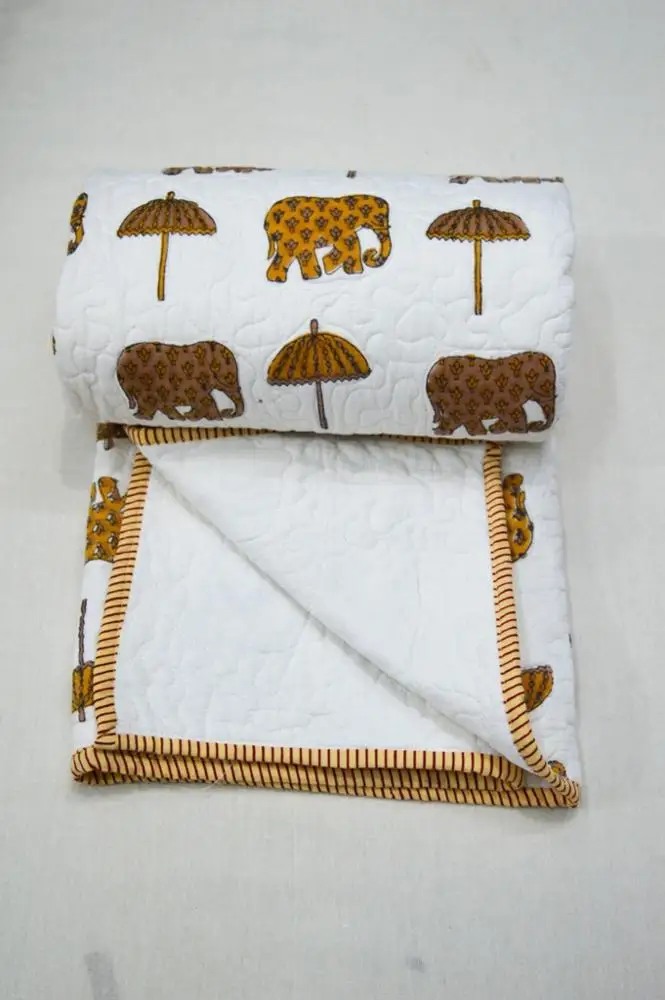 Handmade Umbrella Elephant Print Indian Quilted Bedspread Cotton Kantha Baby Quilt Throw Blanket