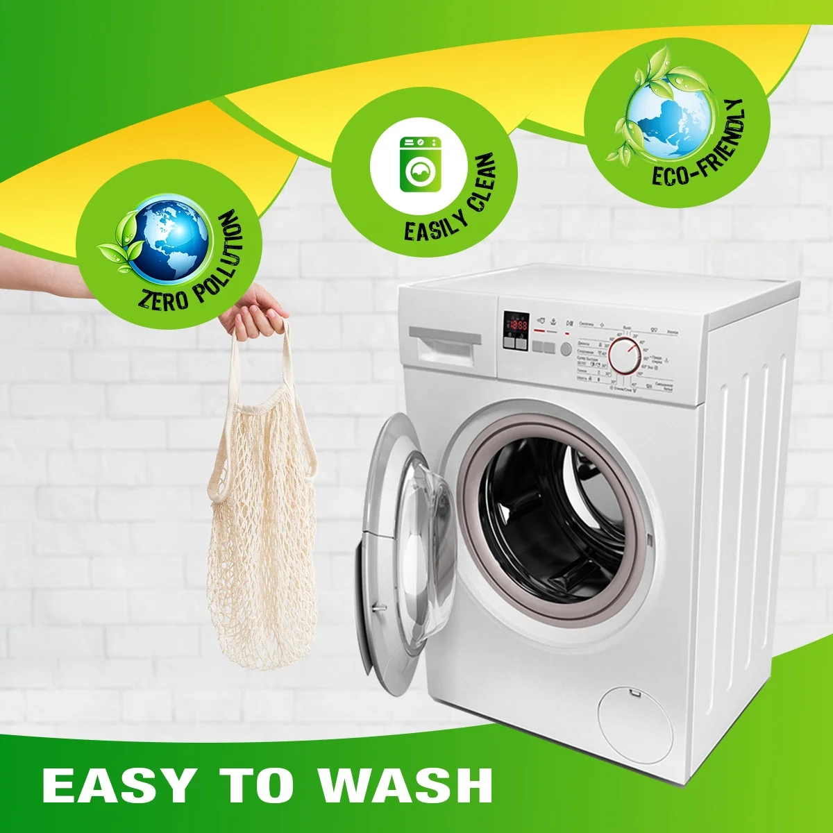 Tote Long Handle Eco-Friendly Reusable Multicolored Grocery Organic Cotton Mesh Shopping Bag for Fruit Women (30x40x40cm)