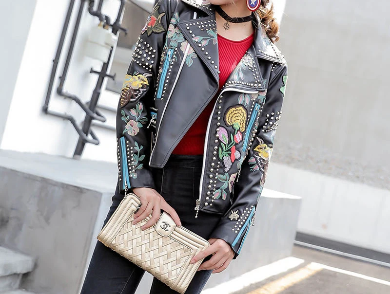 Новинка женская кожаная куртка с шипами черные куртки в стиле рок Байкерская голливудском