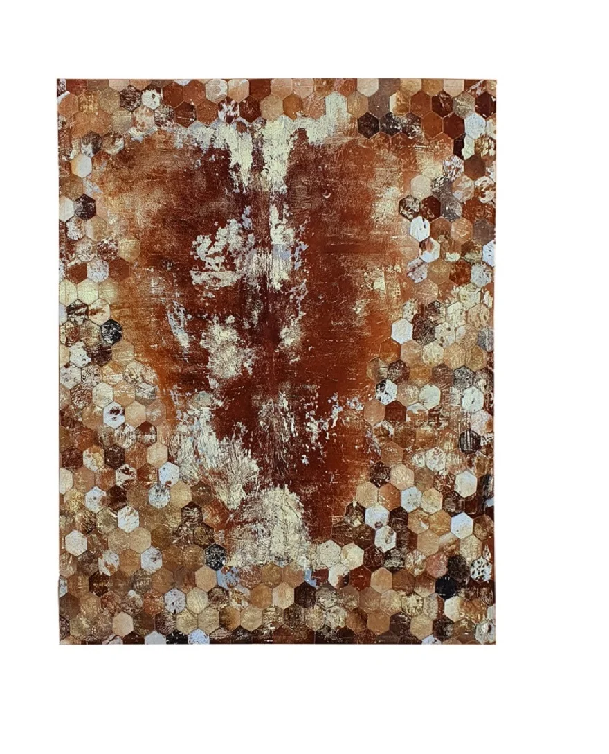 Acid washed cowhide  hairon area rug with foil Beehive design Patchwork cowhide gold devore rug and Handmade Carpets
