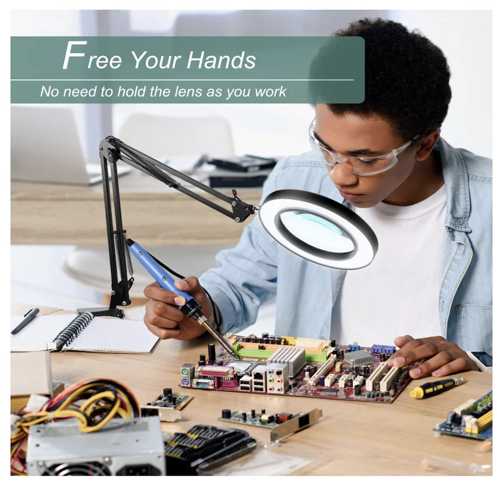 5X Magnifying Glass with Light Real Glass Lens Desk Lamp & Clamp