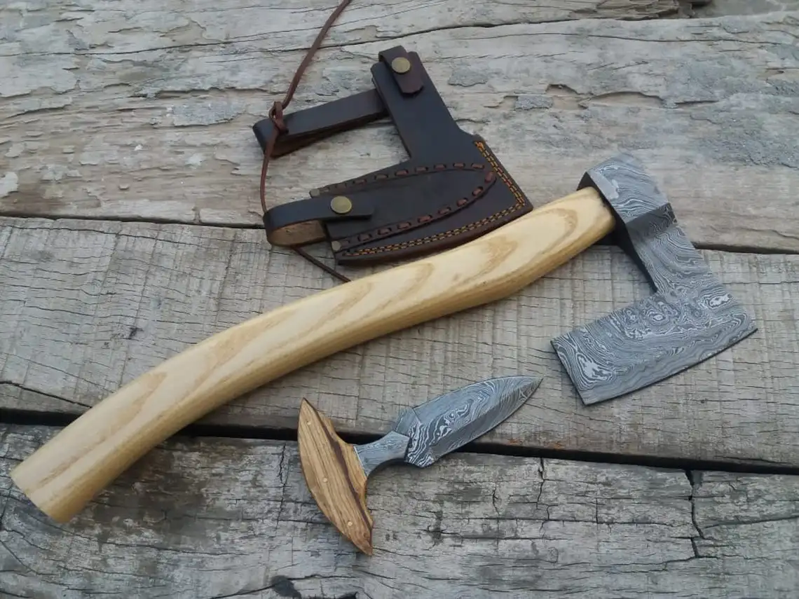 Handmade Damascus Viking Axe With Skinner