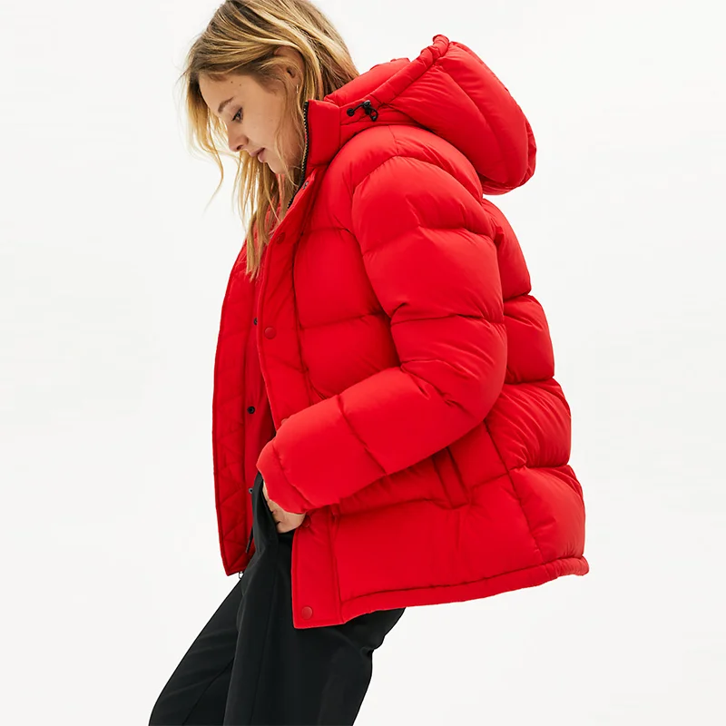 New Arrival Winter Red Down Waterproof Hooded Puffer Quilted Jacket Women Casual Warm Coat