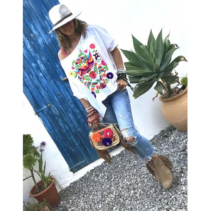 Fantastic Comfortable And Colorful Hand Embroidered Women Blouse 100% Cotton Mexican Poncho Style Summer Cool Ladies Top