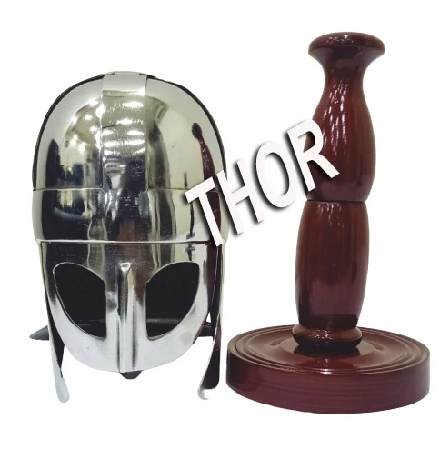 Medieval Viking Deluxe Mini Helmet Home & Office Table Decor Free Red Wooden Stand Chrome Finish Gift Item