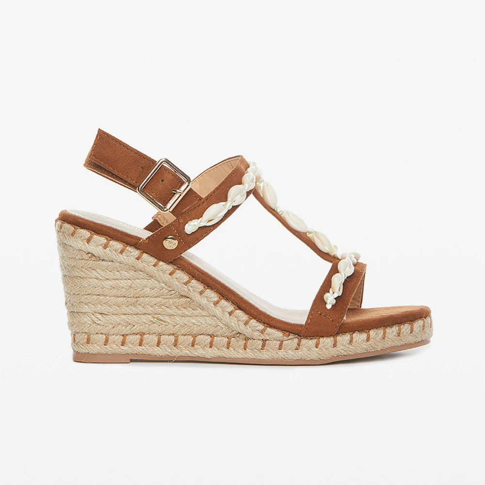 High-heeled Sandals with Straw Wedge and Shells on Top | Tobacco-Colored | Italian Style | Women Accessories