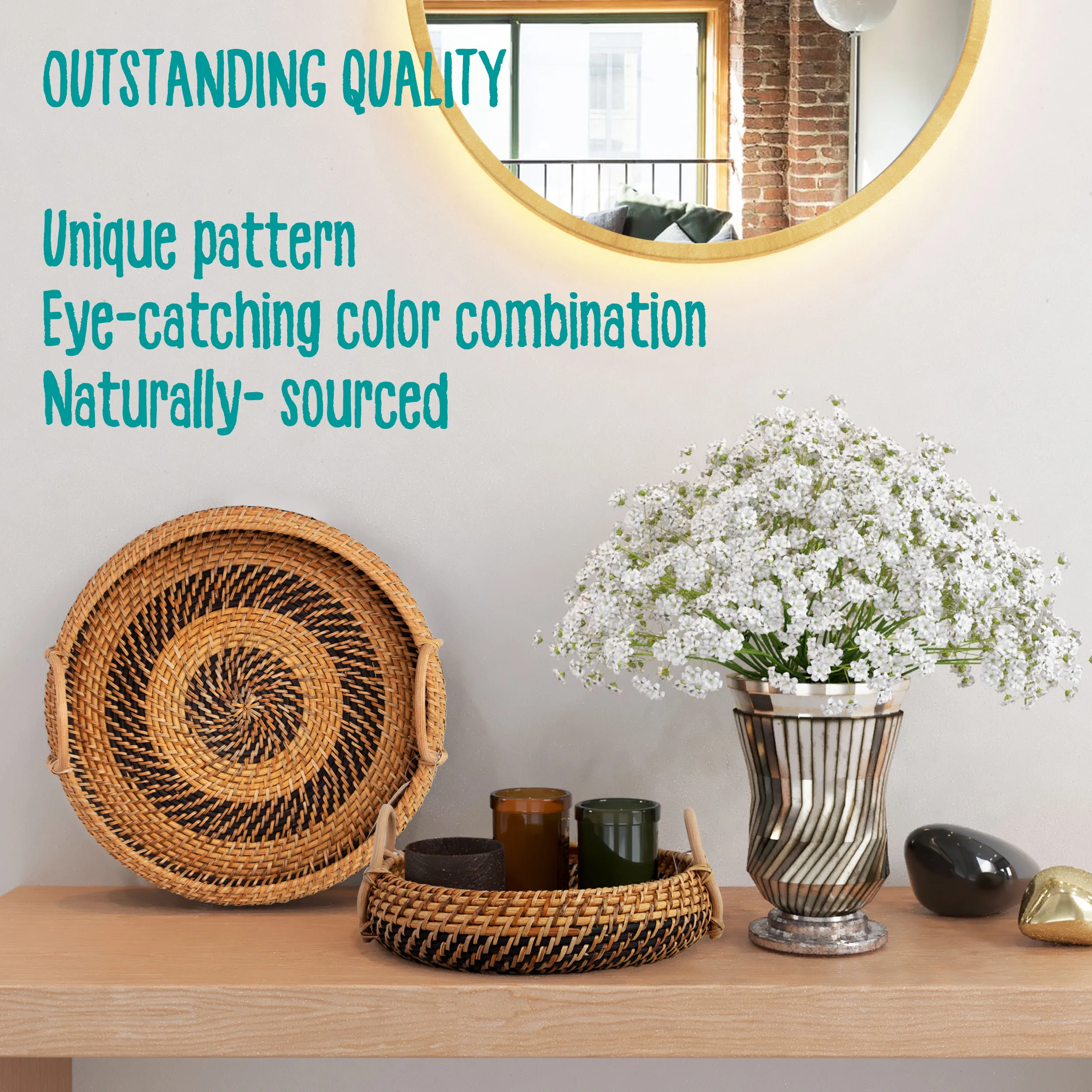  Оптовая цена круглые лотки из ротанга с ручками для сервировки хлеба или фруктов круглая плетеная корзина лоток хранения ручной работы