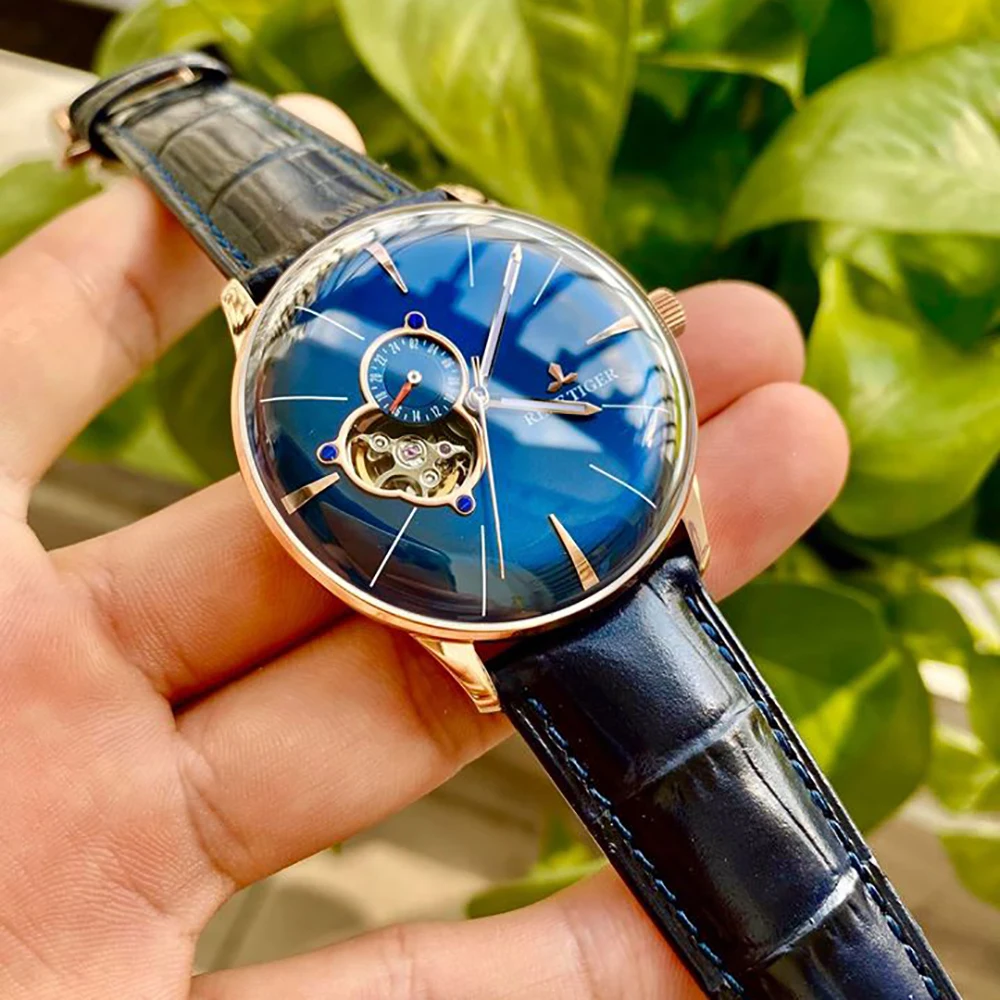 Reef Tiger Luxury Casual Watches for Men Genuine Leather Strap Rose Gold Tourbillon  Watch Convex Lens Watches RGA8239