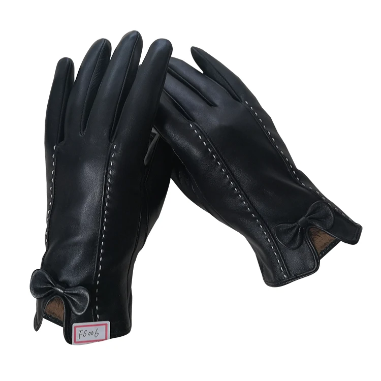 Лидер продаж перчатки из овечьей кожи с подкладкой и бантом на манжетах ветрозащитные зимние для улицы