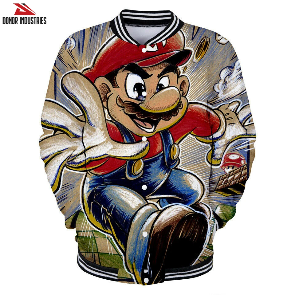 Super Mario 3D Full Print Baseball Uniform Jacket Unisex Coat Jumper Sublimation Baseball Varsity Jacket