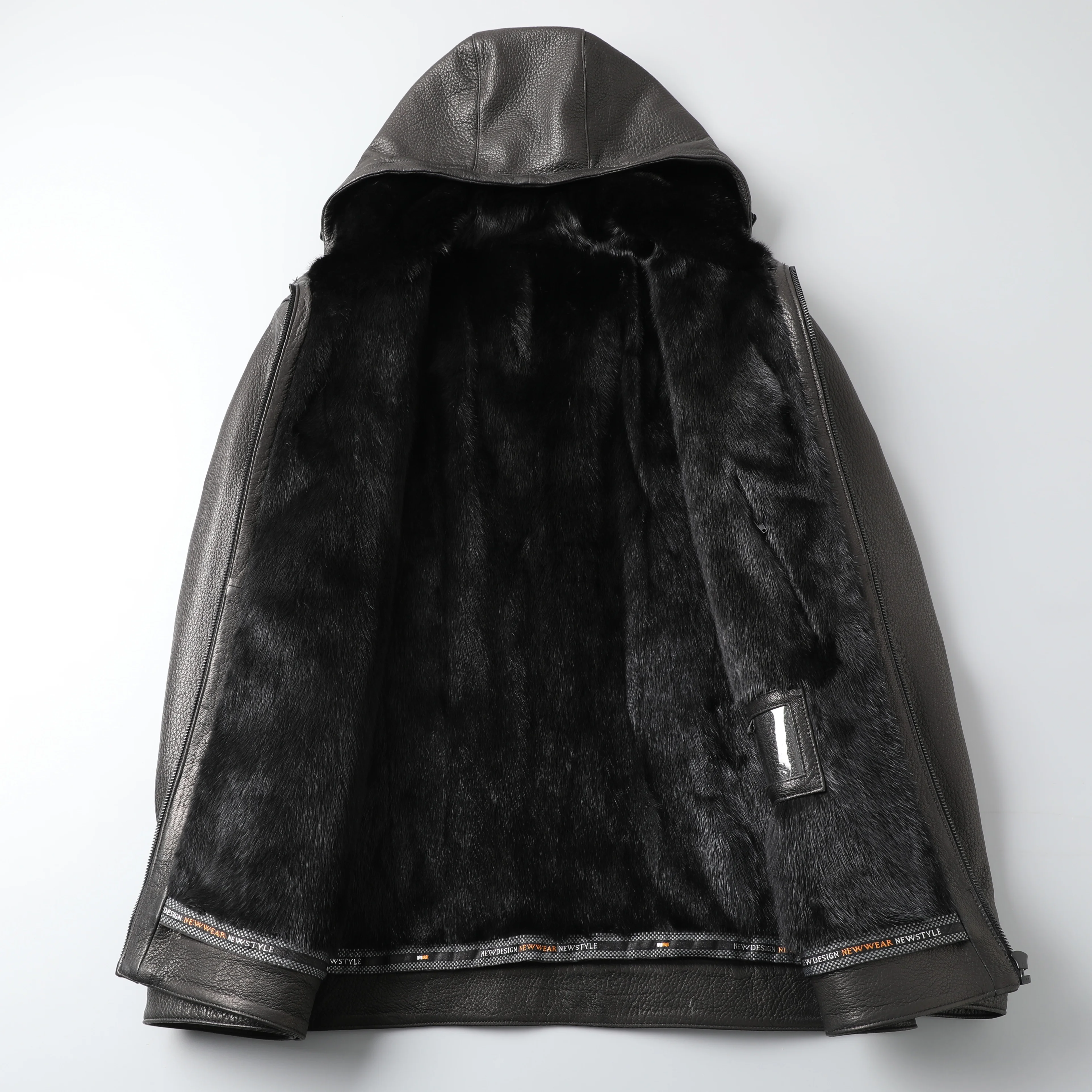 Мужская куртка из натуральной кожи пальто козьей шкуры и меха норки длинная Меховая с капюшоном теплые зимние черная кожаная