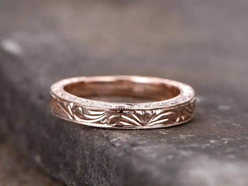 Vintage Filigree Wedding Band Stacking Ring Milgrain Floral Design Rose Gold Plated Sterling Silver Anniversary